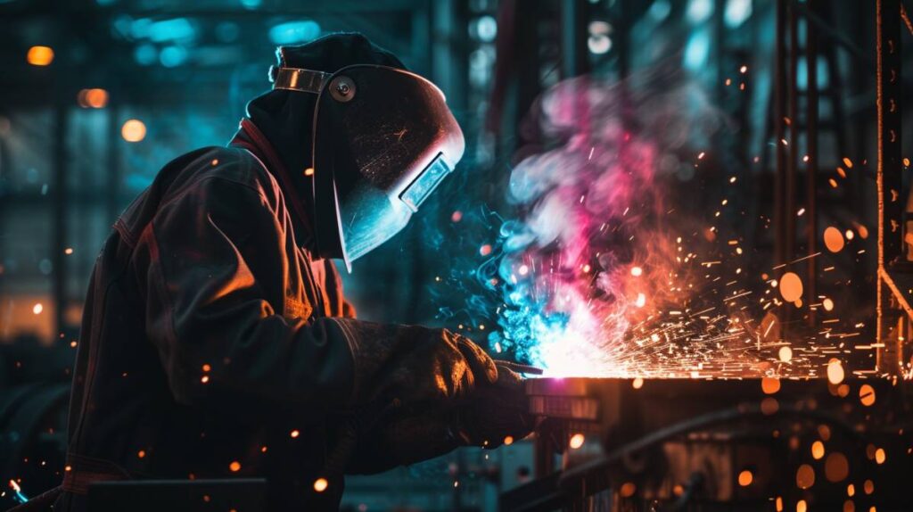 Certified welder performing precision welding with protective mask in San Luis Obispo County
