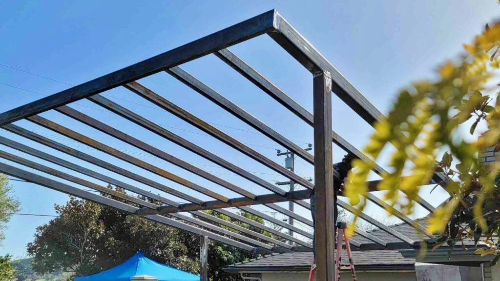 Completed custom steel pergola structure fully welded and ready for paint by J & M Welding in San Luis Obispo.