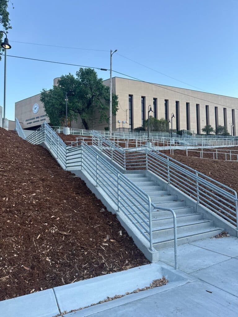 Finished commercial metal railing system installed on stairs and walkways in Atascadero, California